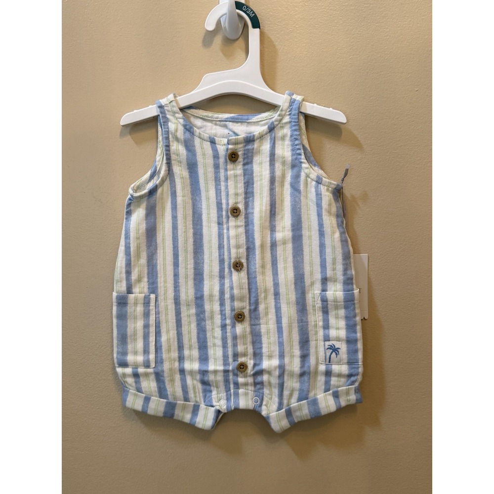 NEW Cloud Island Baby Boys' Woven Blue & Green Striped Romper Size 0-3M NWT